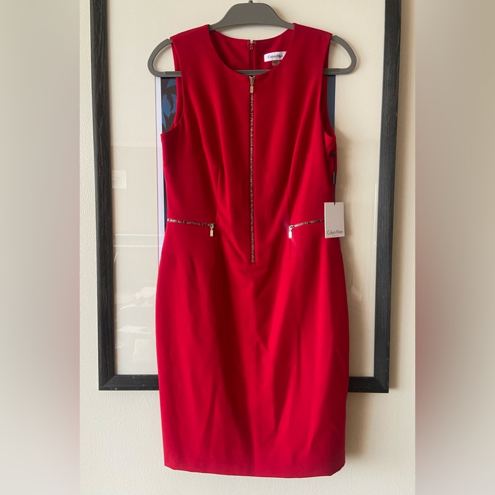 NWT Calvin Klein red sleeveless mini dress with front zipper and pockets